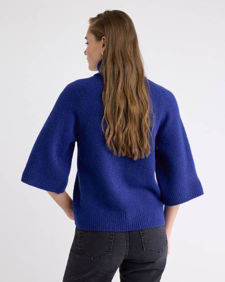 Elbow-Sleeve Mock-Neck Loose Sweater