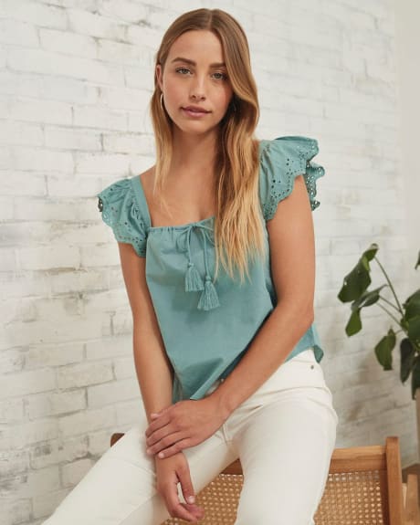 Cotton Voile Ruffled Sleeveless Blouse with Front Tie