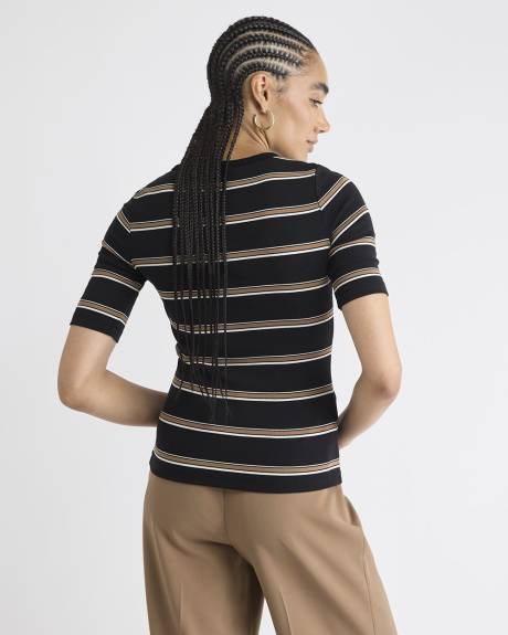 Striped Elbow-Sleeve Crew-Neck Fitted Tee