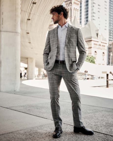 Slim Fit Light Grey 40-Hour Suit Blazer with Blue Checkered Print