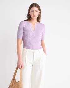 Split-Neck Elbow-Sleeve Ribbed Sweater