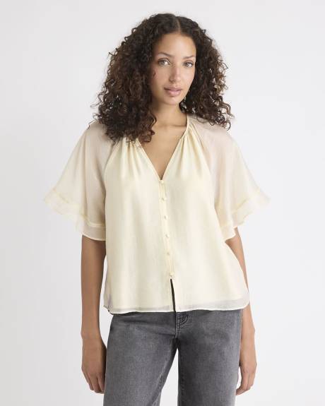 V-Neck Blouse with Short Flutter Sleeves