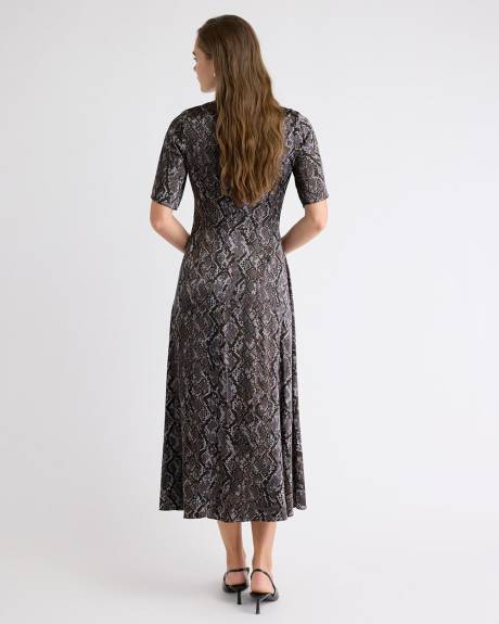 Short-Sleeve Satin Fit-and-Flare Midi Dress