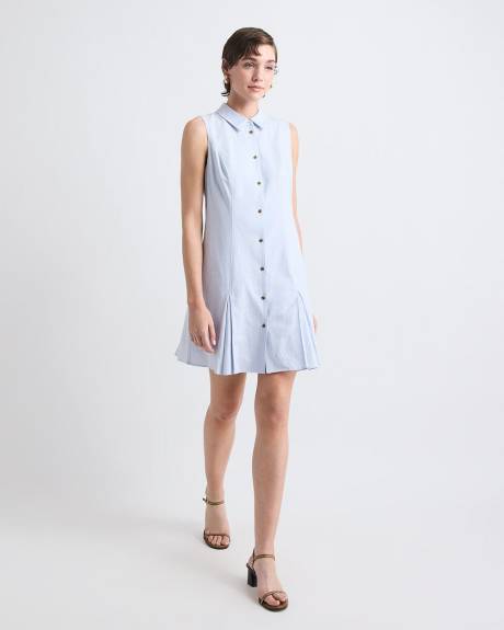 Robe Mini Sans Manches en Mélange de Lin à Col Chemisier