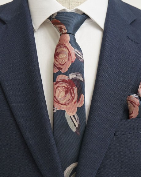 Regular Navy Tie and Handkerchief with Floral Pattern - Gift Set
