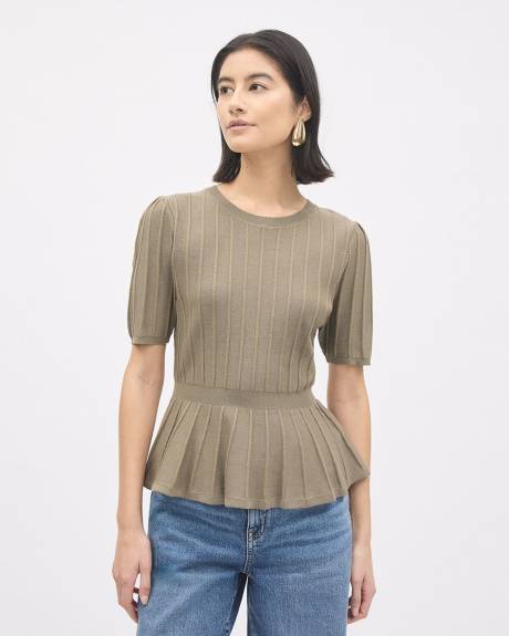 Elbow-Sleeve Crew-Neck Peplum Sweater