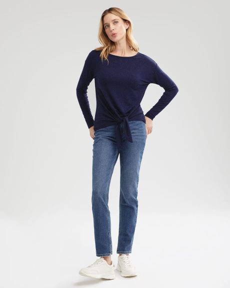 Long Sleeve French Terry Boat-Neck T-Shirt With Waist Tie