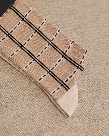 Beige Dress Socks with Plaid Pattern