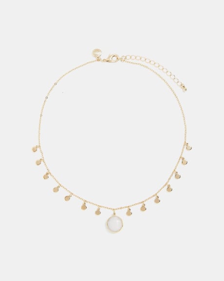 Short Necklace with Round White Pendant and Small Gold Discs
