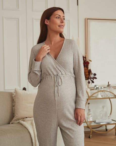Brushed Knit Long Sleeve Wrap Jumpsuit - Thyme Maternity