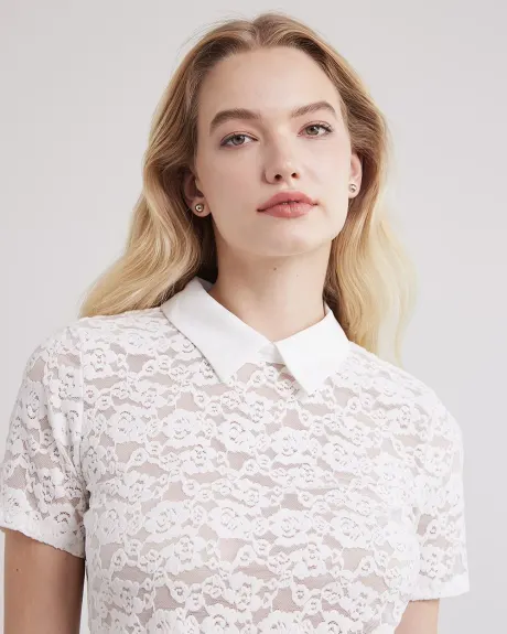 Short-Sleeve Lace Blouse with Shirt Collar