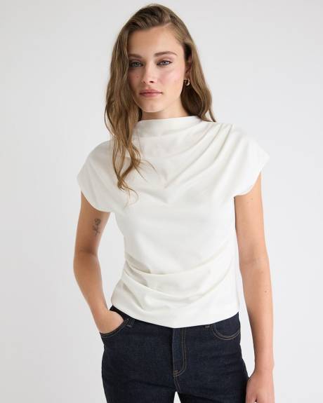 Extended-Sleeve Crew-Neck Draped Top