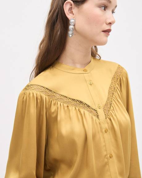 Long-Puffy-Sleeve Buttoned-Down Blouse with Eyelet Pattern