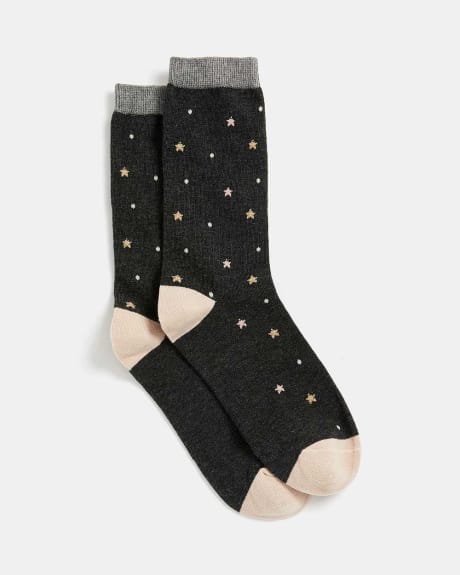 Dark Grey Socks with All Over Dots and Stars