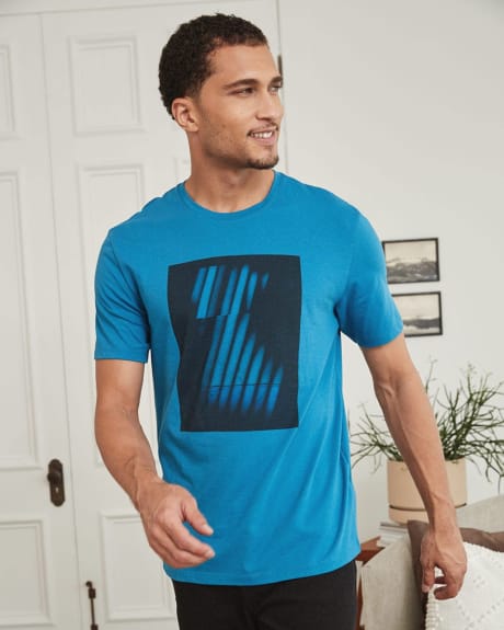 T-Shirt Bleu à Col Rond avec Imprimé Flou
