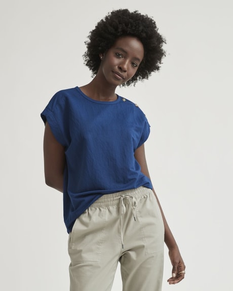 Piqué Crew-Neck Extended Shoulder T-Shirt with Buttons