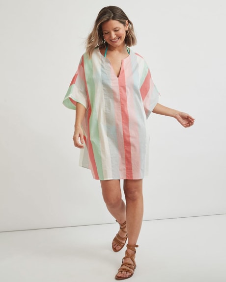 Striped Cotton Voile Elbow-Sleeve Split-Neck Beach Dress