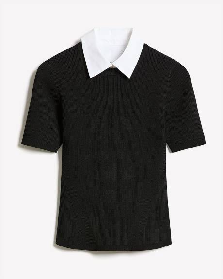 Elbow-Sleeve Ribbed Sweater with Removable Shirt Collar