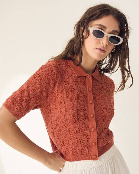 Short-Sleeve Crochet Top with Shirt Collar
