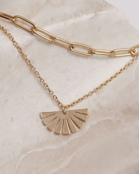 Short Double-Chain Necklace with Fan Pendant