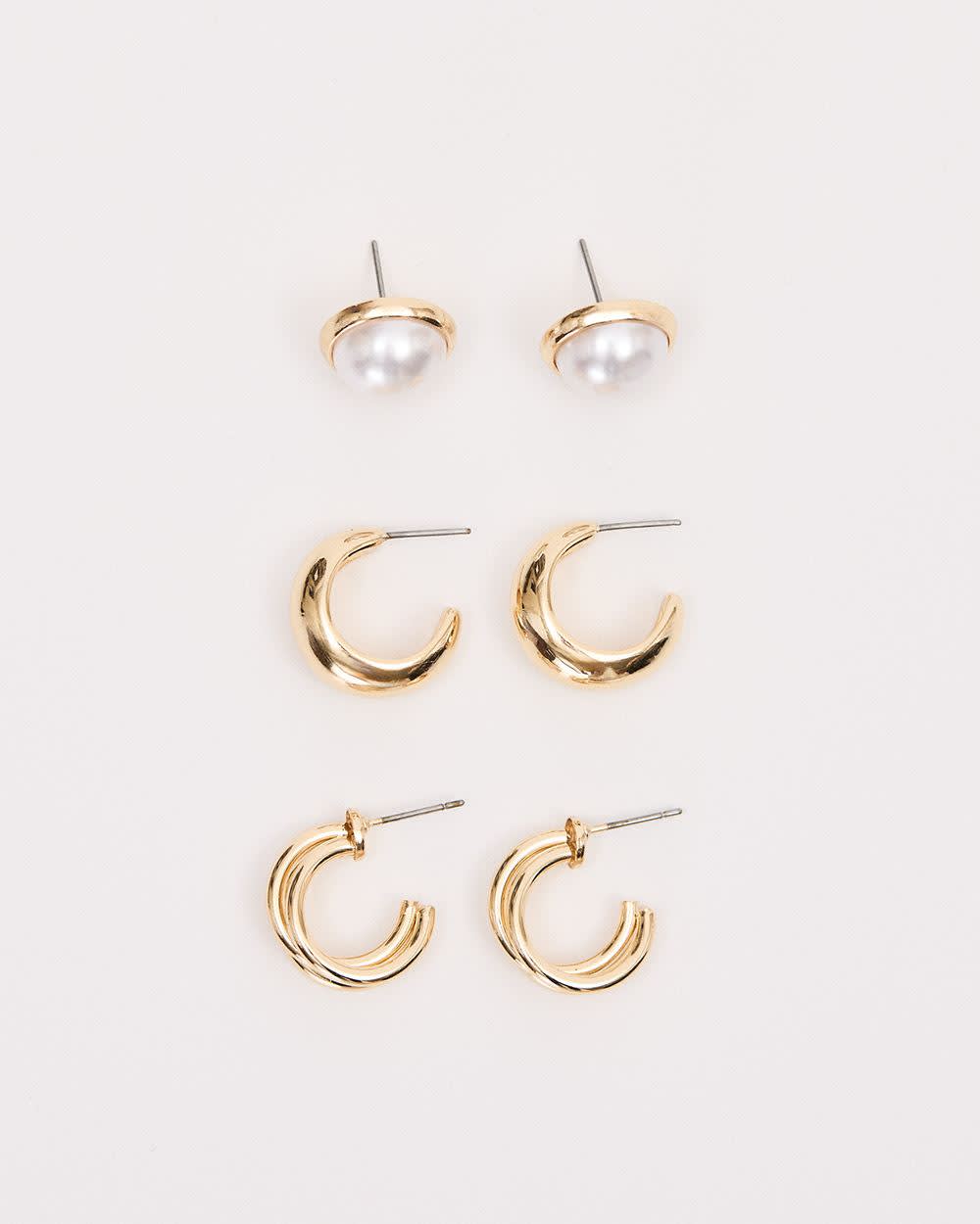 Golden Earrings with Pearls - 3 Pairs