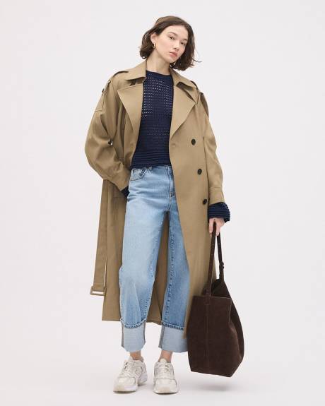 Pull en Mailles Pointelle &agrave; Col Rond et Manches Longues en Cloche