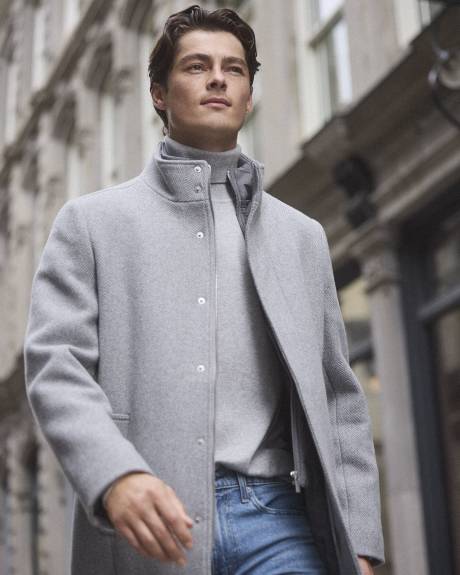 Classic Mock-Neck Herringbone Wool Coat with Dickey