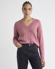 Long-Sleeve V-Neck Cable-Stitch Merino-Blend Sweater
