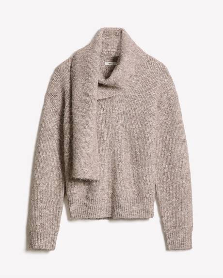 Long-Sleeve Crew-Neck Fuzzy-Knit Sweater with Scarf