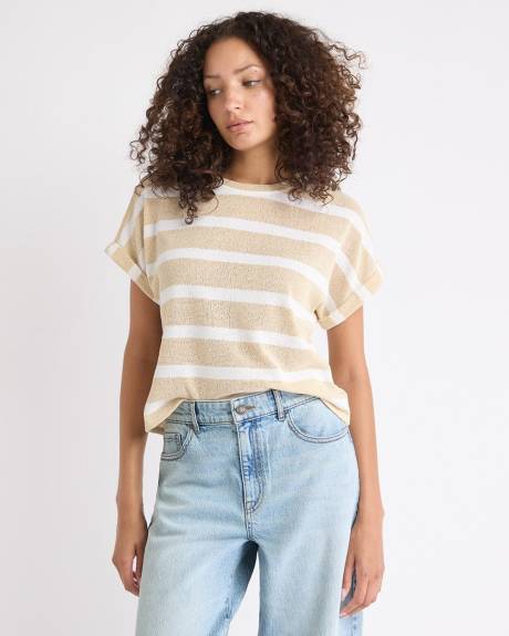 Extended-Sleeve Crew-Neck Relaxed-Fit Striped Top