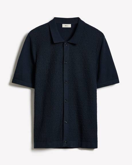Short-Sleeve Buttoned-Down Textured Sweater with Shirt Collar