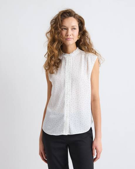 Blouse Boutonnée Sans Manches à Col Montant avec Garniture à Volants