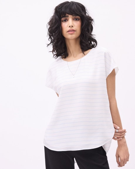 Printed Short-Sleeve Crew-Neck Silky Crepe Blouse
