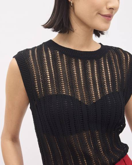 Pull en Mailles Ajourées à Manches Très Courtes et Col Rond