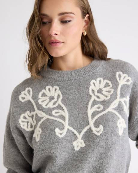 Long-Sleeve Crew-Neck Sweater with Flower Appliqués