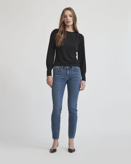 Long Puffy Sleeve Knit Crepe Crew-Neck T-Shirt