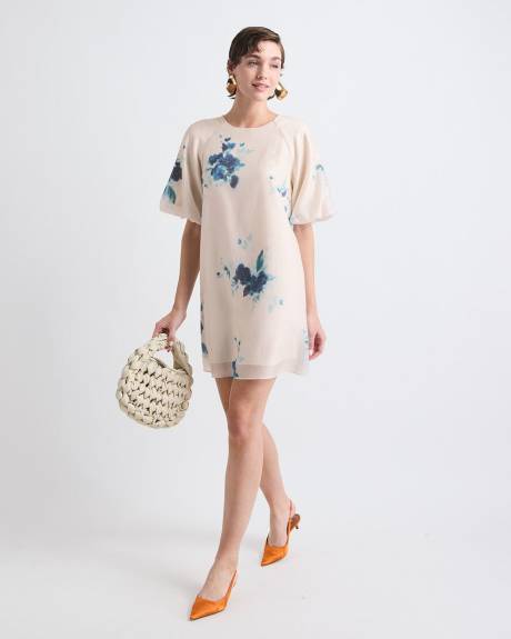 Robe Cocktail Mini &agrave; Manches Courtes Bouffantes et Col Rond