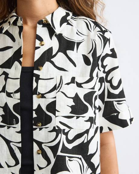 Blouse en M&eacute;lange de Lin &agrave; Manches Courtes et Col Chemisier