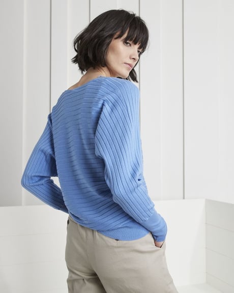 Horizontal Ribbed Dolman Sleeve V-Neck Pullover Sweater