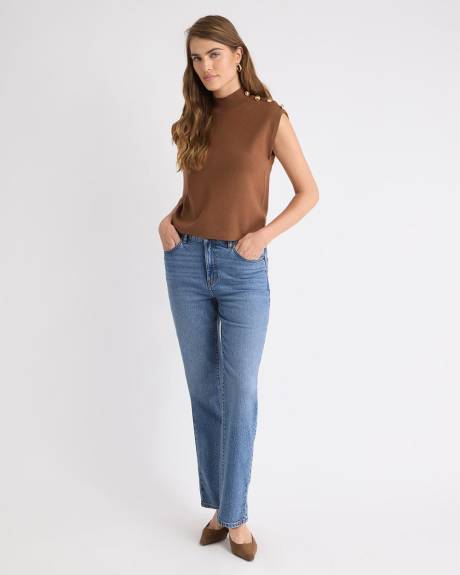 Sleeveless Mock-Neck Sweater with Buttons on Shoulder