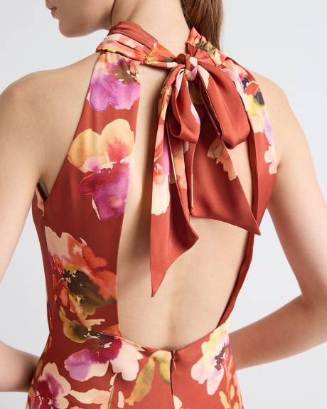 Robe Cocktail Midi en Satin Sans Manches &agrave; Encolure Licou