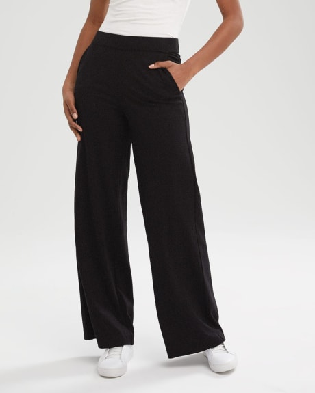 Pantalon à Taille Mi-Haute et Jambe Large en Tricot Noir - 31,5"