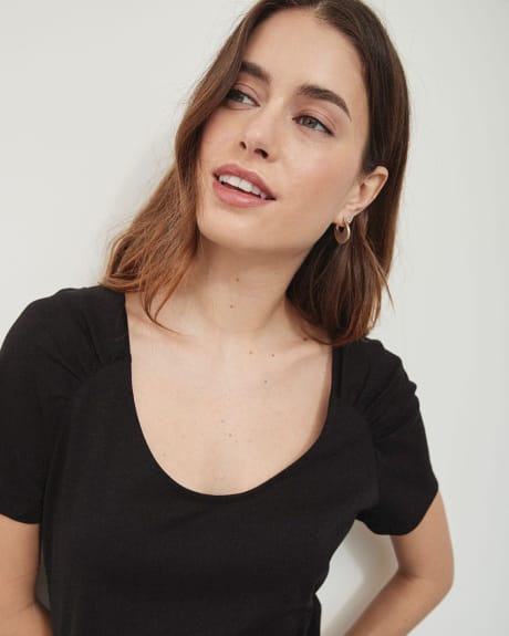 Scoop Neck T-Shirt with Pleated Shoulders
