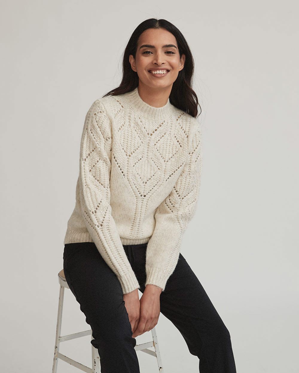 Novelty Pointelle Mock-Neck Pullover Sweater