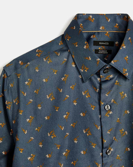 Tailored Fit Dark Blue Dress Shirt with Small Flower Print