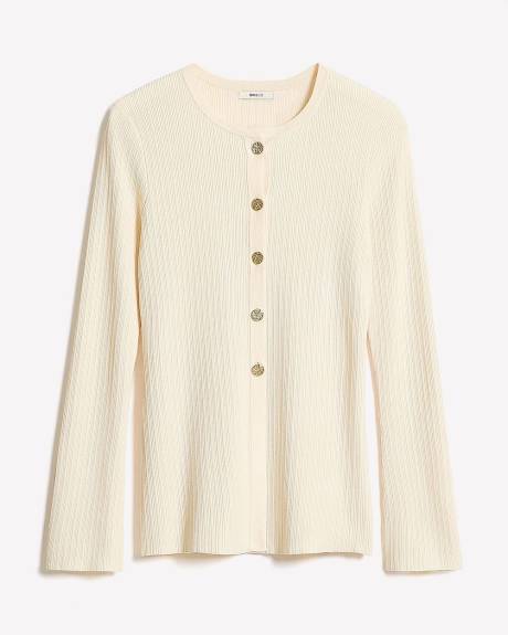 Flare-Sleeve Crew-Neck Ribbed Cardigan
