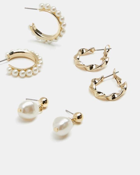 Hoop Earrings with Freshwater Pearls - 3 Pairs