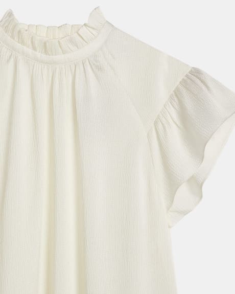 Popover Mock-Neck Blouse with Ruffled Short Sleeves