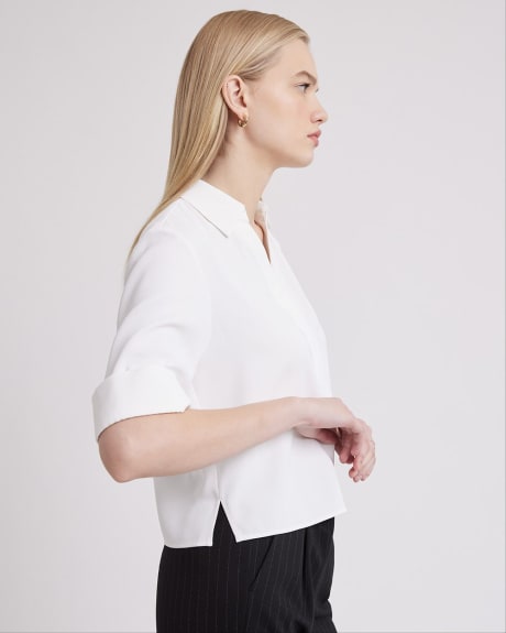Short-Sleeve V-Neck Blouse with Shirt Collar