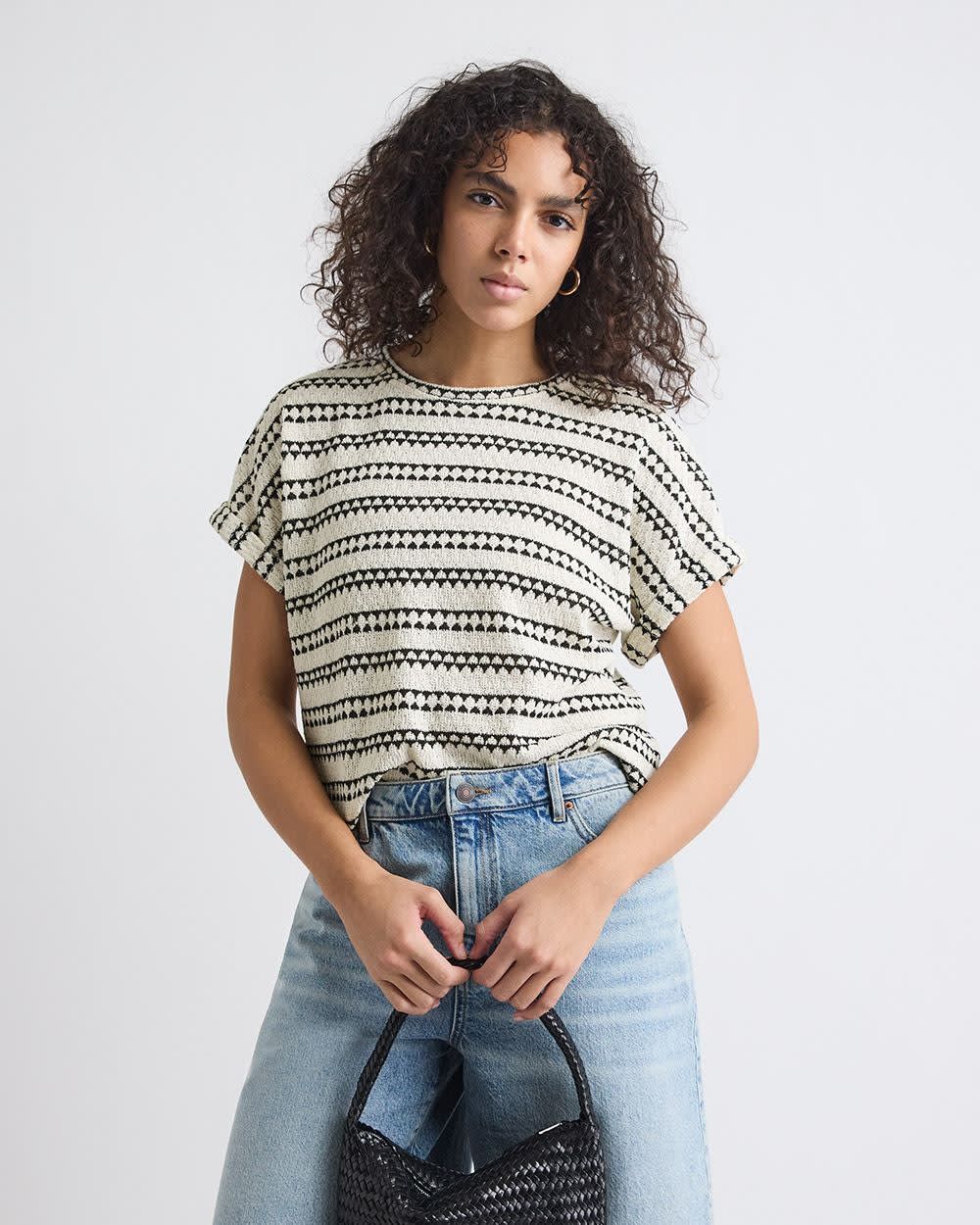 Striped Extended-Sleeve Crew-Neck Crochet Top